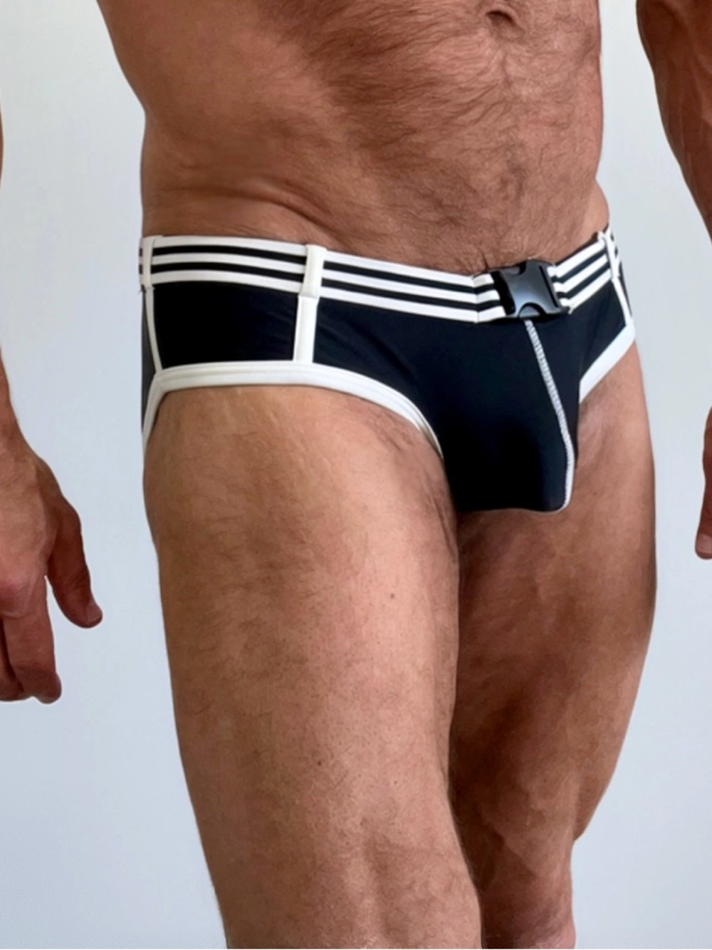 Black & White Men's Belted Swim Briefs with Contrast Trim, Moderate pouch